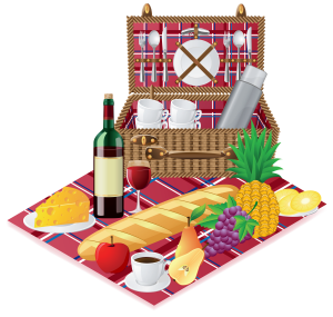basket for a picnic with tableware and foods 300